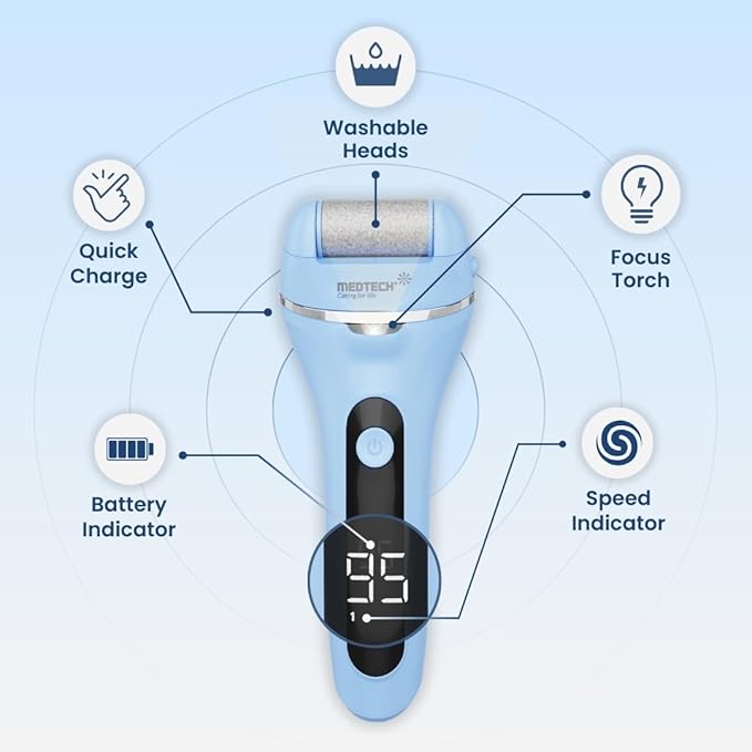 Medtech Revive Rechargeable Callus Remover for Feet | Foot scrubber for dead skin | 3 Roller Heads for Dead Skin Removal | Pedicure Machine