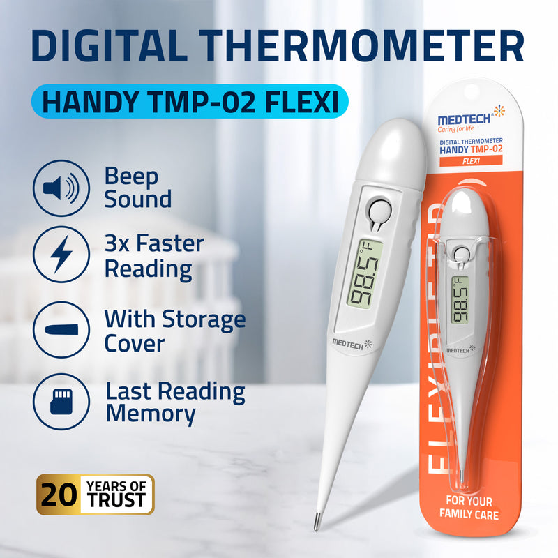 Medtech TMP-02 FLEXI One Touch Operations, Water Resistant, Fast Reading, Flexible Tip, Digital Thermometer (White)